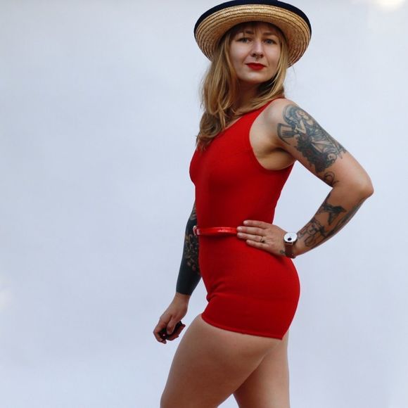 Vintage 60s 70s Retro One Piece Stretch Nylon Swimsuit Pin Up Mod Playsuit - Picture 3 of 9